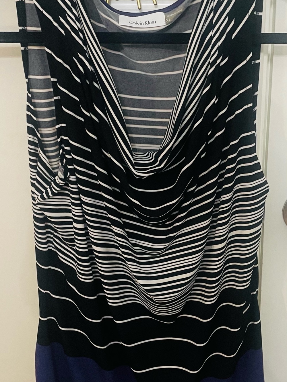Calvin Klein Black White Striped Draped Neck Top with Purple Hem